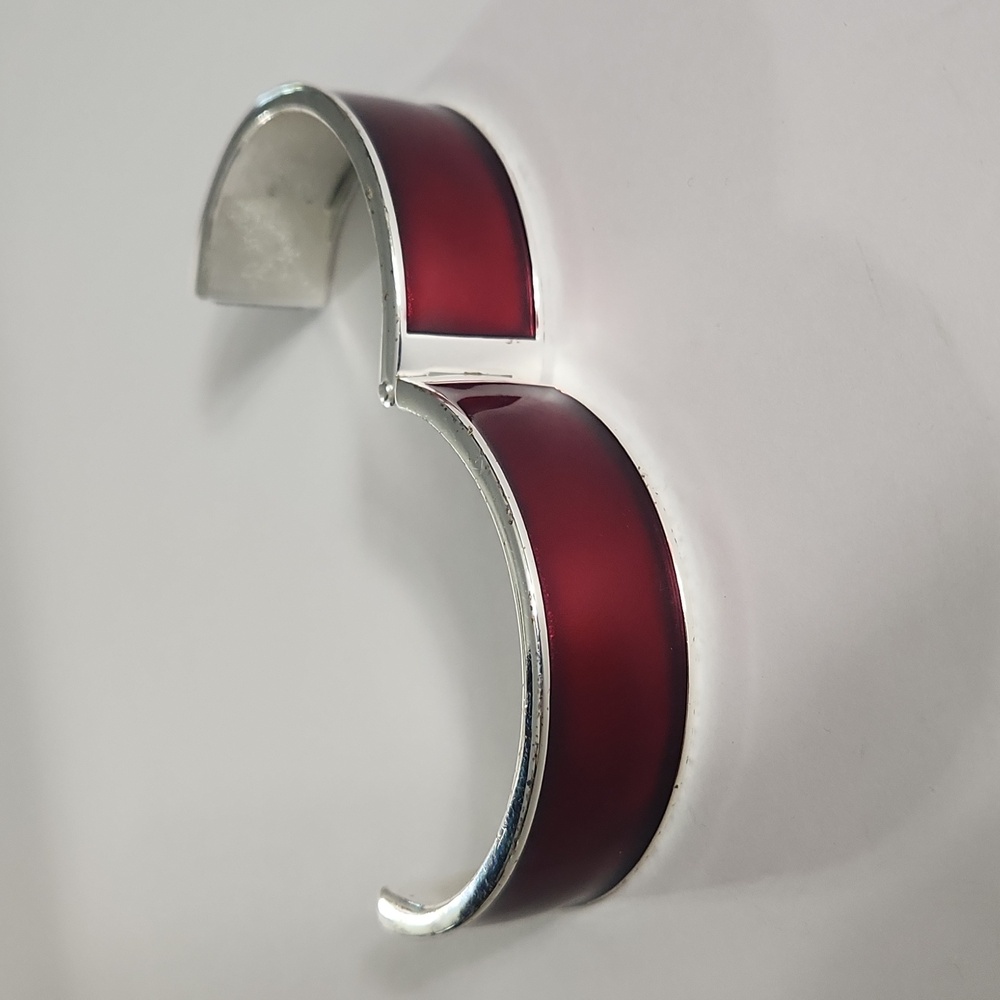 Silver & Deep Red Merlot Enamel Hinge Bangle Bracelet – Modern Statement Cuff - Picture 5 of 8